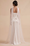 White Sheath Square Neck Satin Cape Ruched Long Wedding Dress