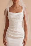 White Sheath Square Neck Satin Cape Ruched Long Wedding Dress
