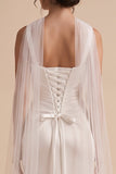 White Sheath Square Neck Satin Cape Ruched Long Wedding Dress