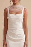 White Sheath Square Neck Satin Cape Ruched Long Wedding Dress