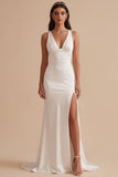 White V-Neck Sheath Ruched Satin Long Wedding Dress with Slit