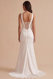 White V-Neck Sheath Ruched Satin Long Wedding Dress with Slit