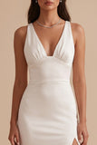 White V-Neck Sheath Ruched Satin Long Wedding Dress with Slit