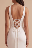 White V-Neck Sheath Ruched Satin Long Wedding Dress with Slit
