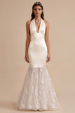 White Halter Mermaid Satin Long Wedding Dress with Embroidery
