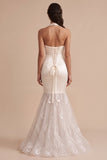 White Halter Mermaid Satin Long Wedding Dress with Embroidery