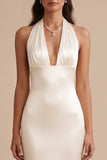 White Halter Mermaid Satin Long Wedding Dress with Embroidery