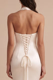 White Halter Mermaid Satin Long Wedding Dress with Embroidery