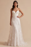 White A-Line Ruched Strapless Long Wedding Dress with Embroidery