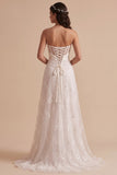 White A-Line Ruched Strapless Long Wedding Dress with Embroidery