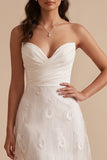 White A-Line Ruched Strapless Long Wedding Dress with Embroidery