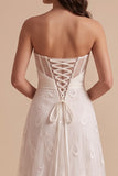 White A-Line Ruched Strapless Long Wedding Dress with Embroidery