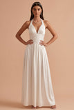 White Halter A-Line Ruched Satin Long Wedding Dress