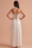 White Halter A-Line Ruched Satin Long Wedding Dress