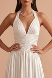 White Halter A-Line Ruched Satin Long Wedding Dress