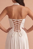 White Halter A-Line Ruched Satin Long Wedding Dress