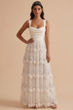 White Cowl Neck A-Line Tiered Maxi Wedding Dress with Sequins Appliques