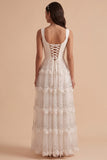 White Cowl Neck A-Line Tiered Maxi Wedding Dress with Sequins Appliques