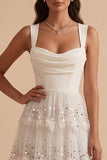 White Cowl Neck A-Line Tiered Maxi Wedding Dress with Sequins Appliques