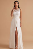 White Illusion Neck A-Line Satin Embroidery Cut Out Long Wedding Dress with Slit