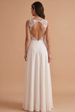 White Illusion Neck A-Line Satin Embroidery Cut Out Long Wedding Dress with Slit
