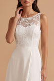 White Illusion Neck A-Line Satin Embroidery Cut Out Long Wedding Dress with Slit