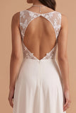 White Illusion Neck A-Line Satin Embroidery Cut Out Long Wedding Dress with Slit