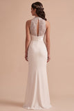 White High Neck Mermaid Sequins Appliques Cut Out Long Wedding Dress
