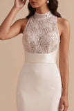White High Neck Mermaid Sequins Appliques Cut Out Long Wedding Dress