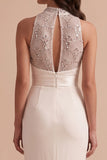 White High Neck Mermaid Sequins Appliques Cut Out Long Wedding Dress