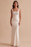 White Square Neck Mermaid Appliques Satin Sequins Long Wedding Dress with Beading