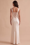 White Square Neck Mermaid Appliques Satin Sequins Long Wedding Dress with Beading