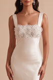 White Square Neck Mermaid Appliques Satin Sequins Long Wedding Dress with Beading