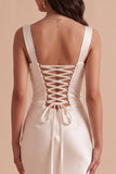 White Square Neck Mermaid Appliques Satin Sequins Long Wedding Dress with Beading