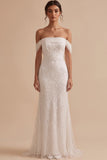 Off the Shoulder White Mermaid Beaded Tulle Long Wedding Dress