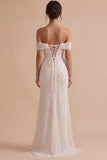 Off the Shoulder White Mermaid Beaded Tulle Long Wedding Dress
