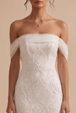Off the Shoulder White Mermaid Beaded Tulle Long Wedding Dress