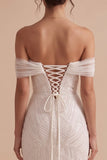 Off the Shoulder White Mermaid Beaded Tulle Long Wedding Dress