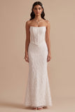 White Corset Mermaid Embroidery Strapless Maxi Wedding Dress