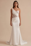 White One Shoulder Mermaid Ruched Appliques Cut Out Wedding Dress with Rhinestones