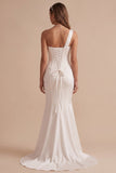 White One Shoulder Mermaid Ruched Appliques Cut Out Wedding Dress with Rhinestones