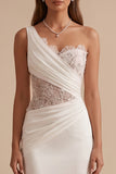 White One Shoulder Mermaid Ruched Appliques Cut Out Wedding Dress with Rhinestones
