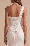 White One Shoulder Mermaid Ruched Appliques Cut Out Wedding Dress with Rhinestones