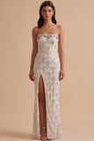White Sheath Sequins Rhinestones Strapless Long Wedding Dress with Slit
