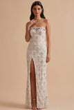 White Sheath Sequins Rhinestones Strapless Long Wedding Dress with Slit