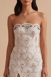 White Sheath Sequins Rhinestones Strapless Long Wedding Dress with Slit