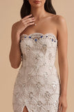 White Sheath Sequins Rhinestones Strapless Long Wedding Dress with Slit