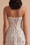 White Sheath Sequins Rhinestones Strapless Long Wedding Dress with Slit
