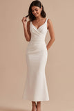 White Mermaid V-Neck Satin Ruched Midi Wedding Dress