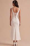 White Mermaid V-Neck Satin Ruched Midi Wedding Dress